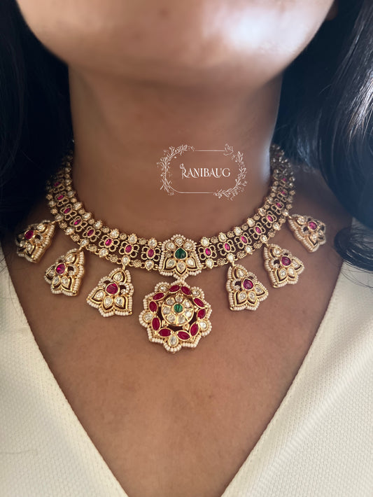 Sejal Kundan Studded Enamel Meenakari Motif Gold Plated Necklace Jewellery Set For Sarees By Ranibaug