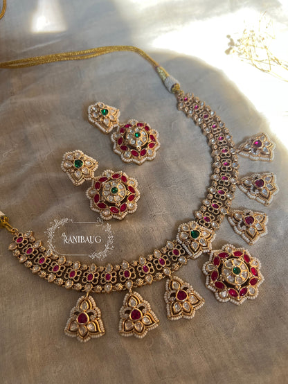 Sejal Kundan Studded Enamel Meenakari Motif Gold Plated Necklace Jewellery Set For Sarees By Ranibaug