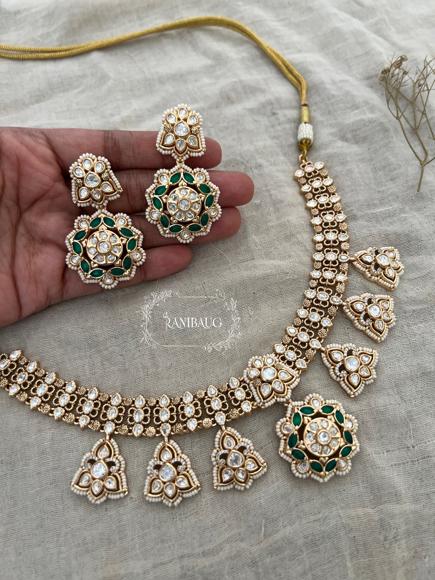 Sejal Kundan Studded Enamel Meenakari Motif Gold Plated Necklace Jewellery Set For Sarees By Ranibaug
