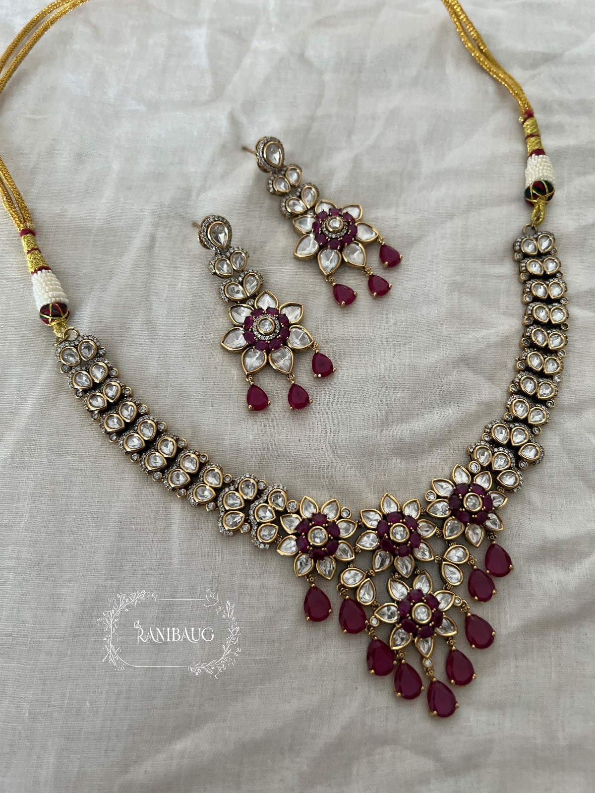 Shakti Polki Floral Motif Gold Finish Festive Necklace Jewellery By Ranibaug