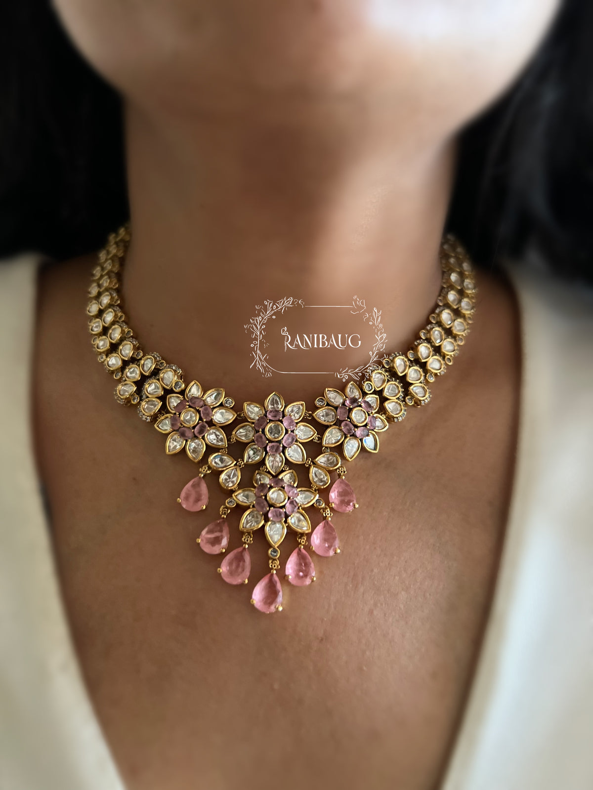 Shakti Polki Floral Motif Gold Finish Festive Necklace Jewellery By Ranibaug