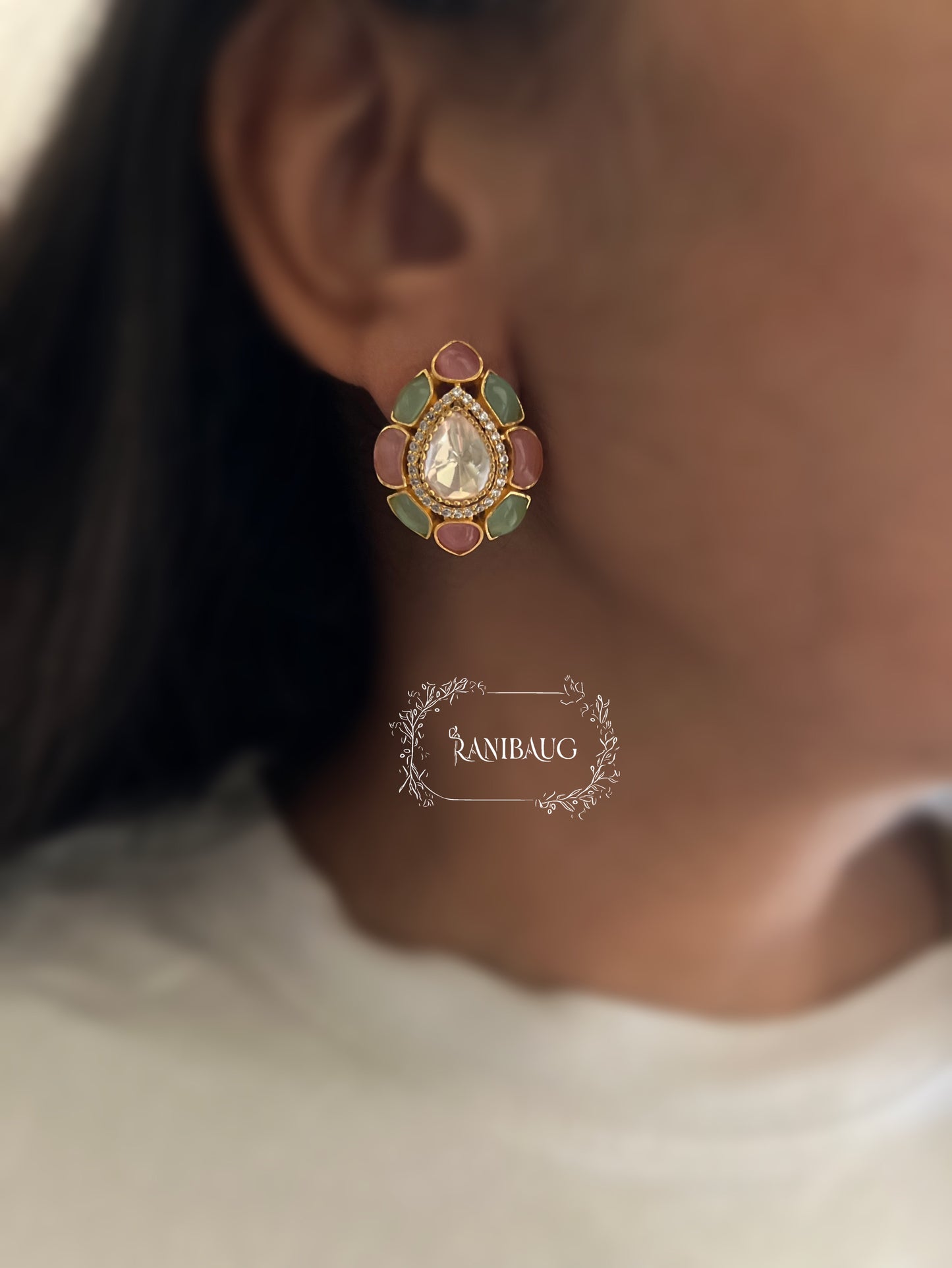 Shalika Pastel Gemstone Polki Studded Gold Finish Teardrop Kundan Ear Studs By Ranibaug