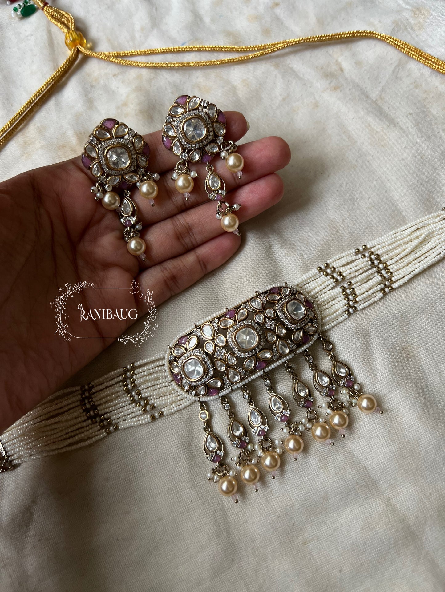 Shanaya Vintage Polki Kundan Studded Rich Victorian Finish Pearl Adorned Statement Festive Choker Set By Ranibaug