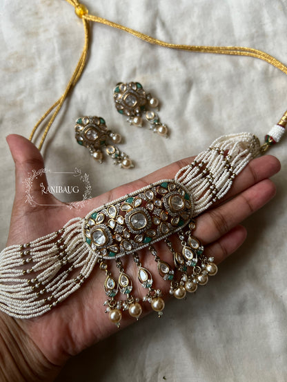 Shanaya Vintage Polki Kundan Studded Rich Victorian Finish Pearl Adorned Statement Festive Choker Set By Ranibaug