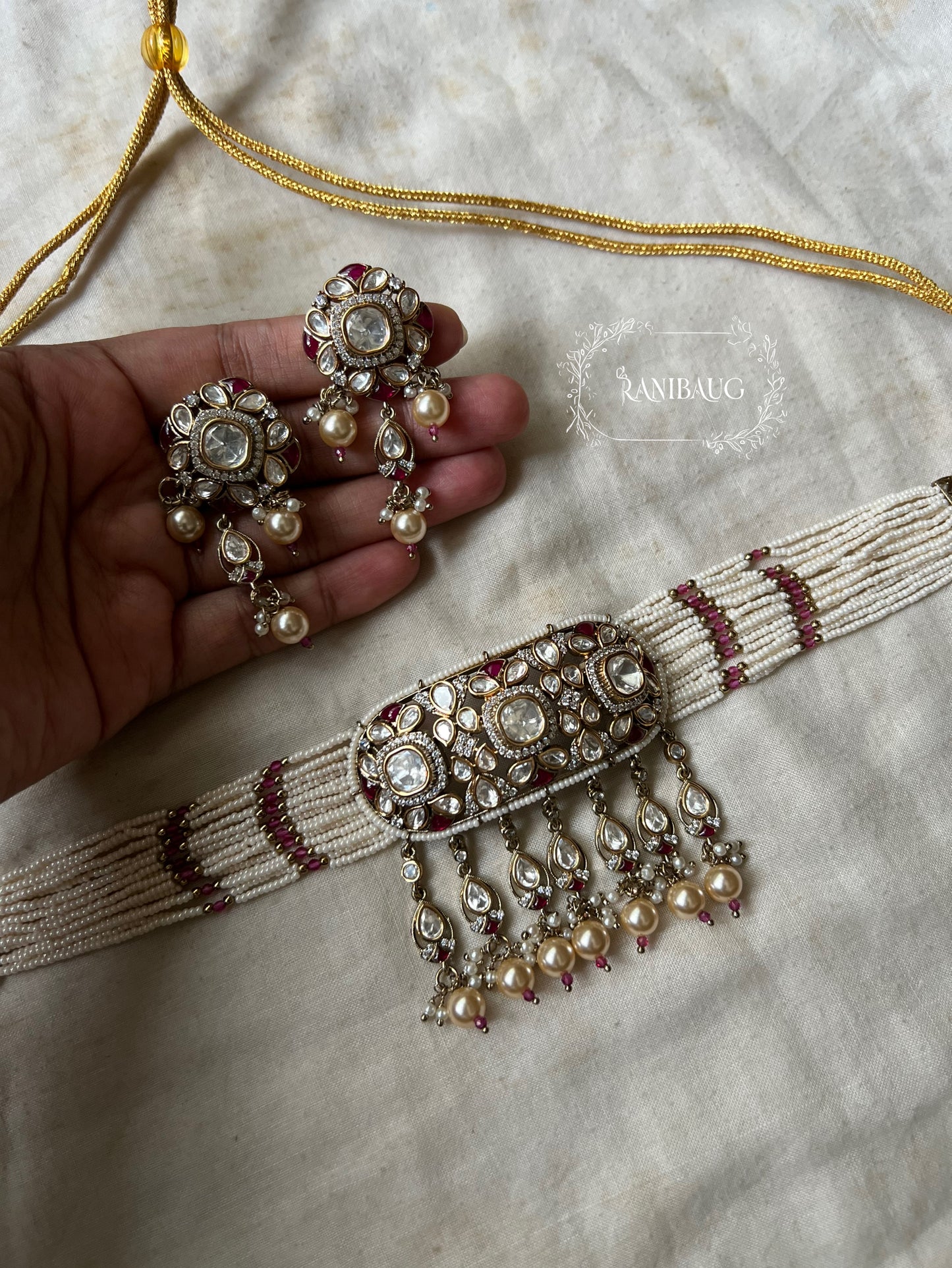 Shanaya Vintage Polki Kundan Studded Rich Victorian Finish Pearl Adorned Statement Festive Choker Set By Ranibaug