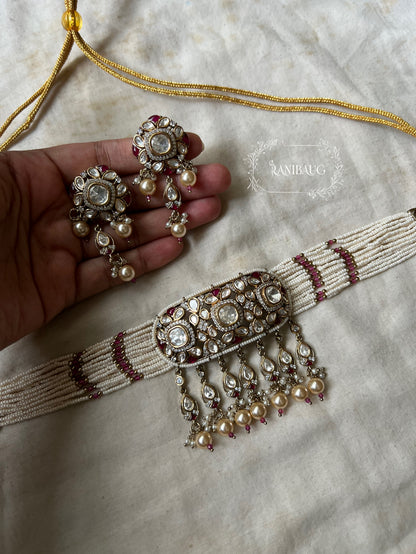 Shanaya Vintage Polki Kundan Studded Rich Victorian Finish Pearl Adorned Statement Festive Choker Set By Ranibaug