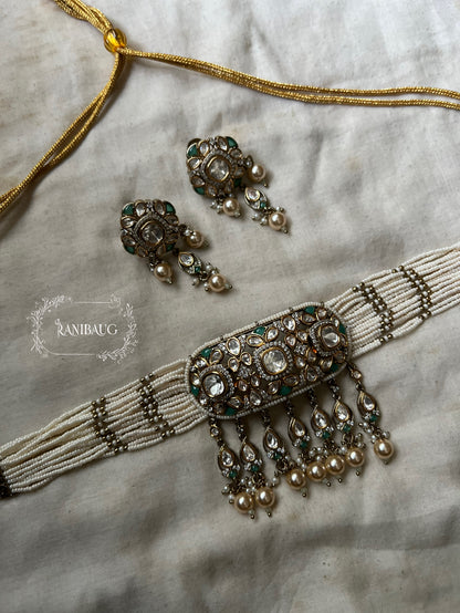 Shanaya Vintage Polki Kundan Studded Rich Victorian Finish Pearl Adorned Statement Festive Choker Set By Ranibaug