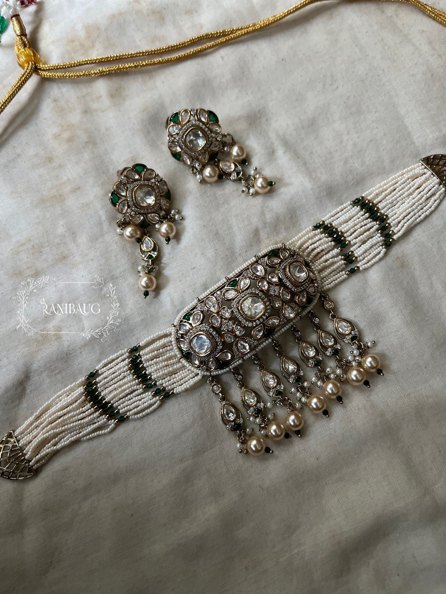 Shanaya Vintage Polki Kundan Studded Rich Victorian Finish Pearl Adorned Statement Festive Choker Set By Ranibaug