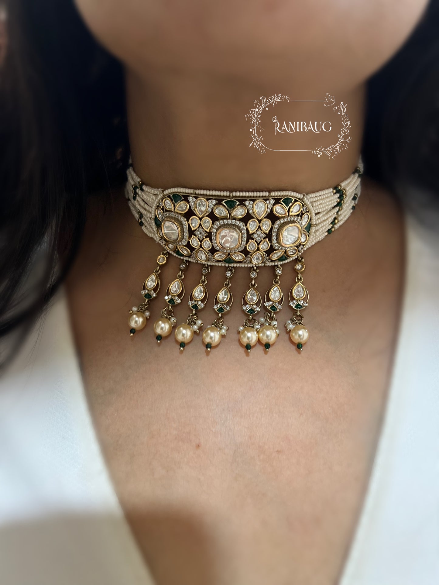 Shanaya Vintage Polki Kundan Studded Rich Victorian Finish Pearl Adorned Statement Festive Choker Set By Ranibaug
