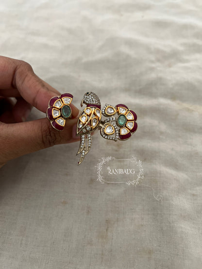 Shanuka Parrot Motif Polki Studded Emerald Ruby Gold Finish Designer Festive Two Finger Ring By Ranibaug