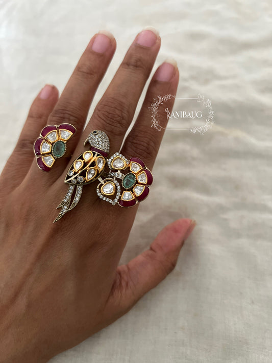 Shanuka Parrot Motif Polki Studded Emerald Ruby Gold Finish Designer Festive Two Finger Ring By Ranibaug