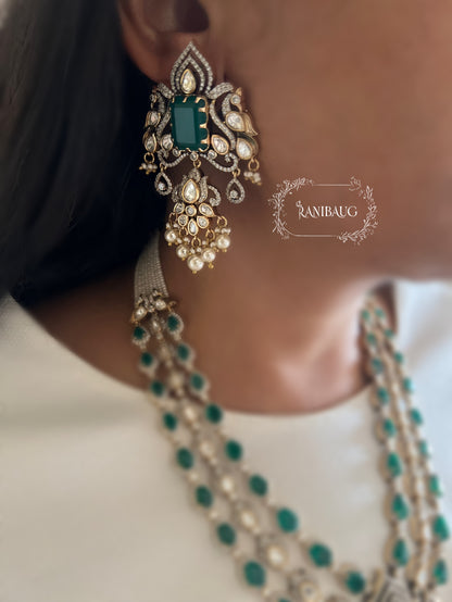 Sharanya Peacock Motif Victorian Finish Polki Kundan Studded Ruby And Emerald Color Long Necklace Set By Ranibaug | 3 Layered Necklace Set