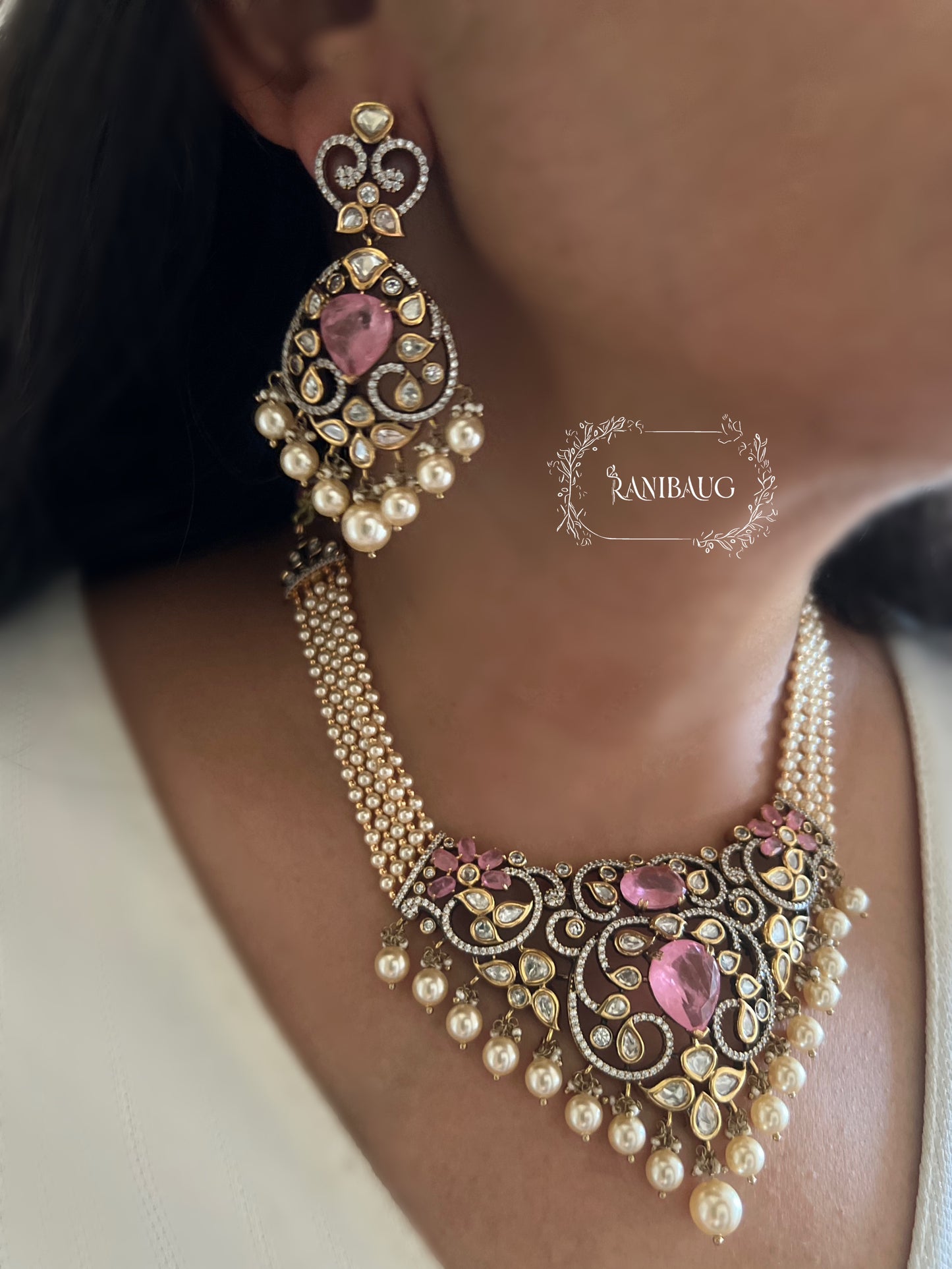 Sharvani Gold Leaf Vines Polki Studded Creamy Pearls Adorned Royal Bespoke Statement Jewellery Set By Ranibaug
