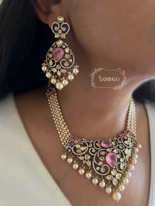 Sharvani Gold Leaf Vines Polki Studded Creamy Pearls Adorned Royal Bespoke Statement Jewellery Set By Ranibaug