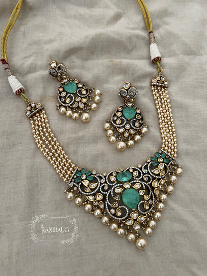 Sharvani Gold Leaf Vines Polki Studded Creamy Pearls Adorned Royal Bespoke Statement Jewellery Set By Ranibaug
