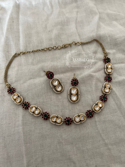 Sharvari Floral Motif Polki Adorned Seed Pearl Classic Necklace Set By Ranibaug