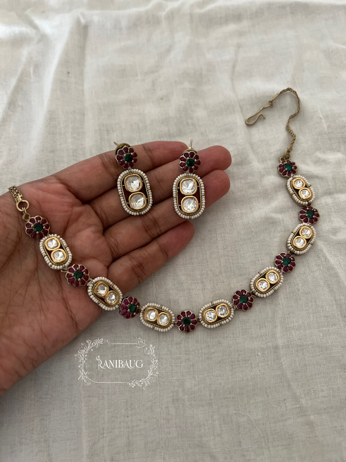 Sharvari Floral Motif Polki Adorned Seed Pearl Classic Necklace Set By Ranibaug