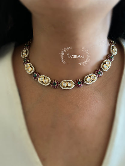 Sharvari Floral Motif Polki Adorned Seed Pearl Classic Necklace Set By Ranibaug