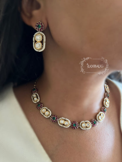 Sharvari Floral Motif Polki Adorned Seed Pearl Classic Necklace Set By Ranibaug