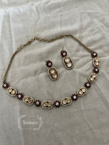 Sharvari Floral Motif Polki Adorned Seed Pearl Classic Necklace Set By Ranibaug