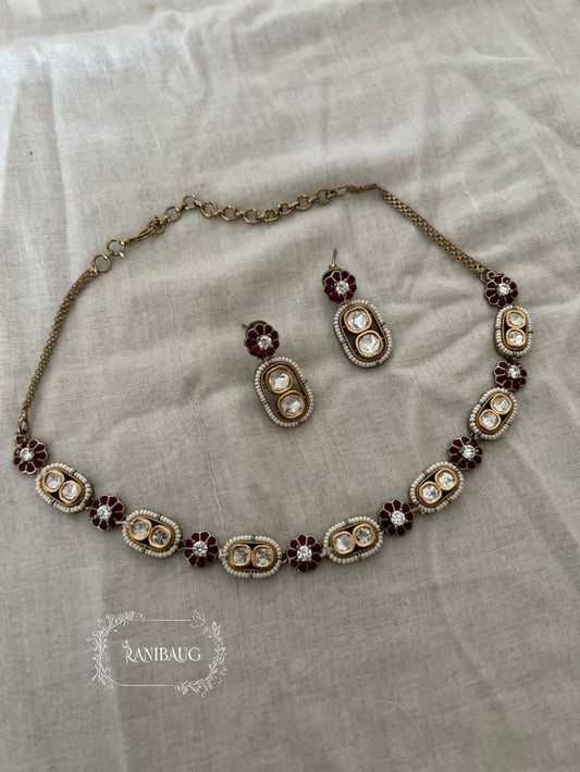 Sharvari Floral Motif Polki Adorned Seed Pearl Classic Necklace Set By Ranibaug