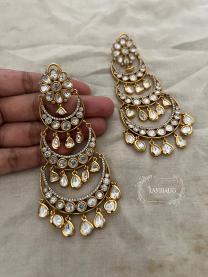 Sharvari Polki Kundan Drops Floral Layered Long Chandbali Earrings By Ranibaug