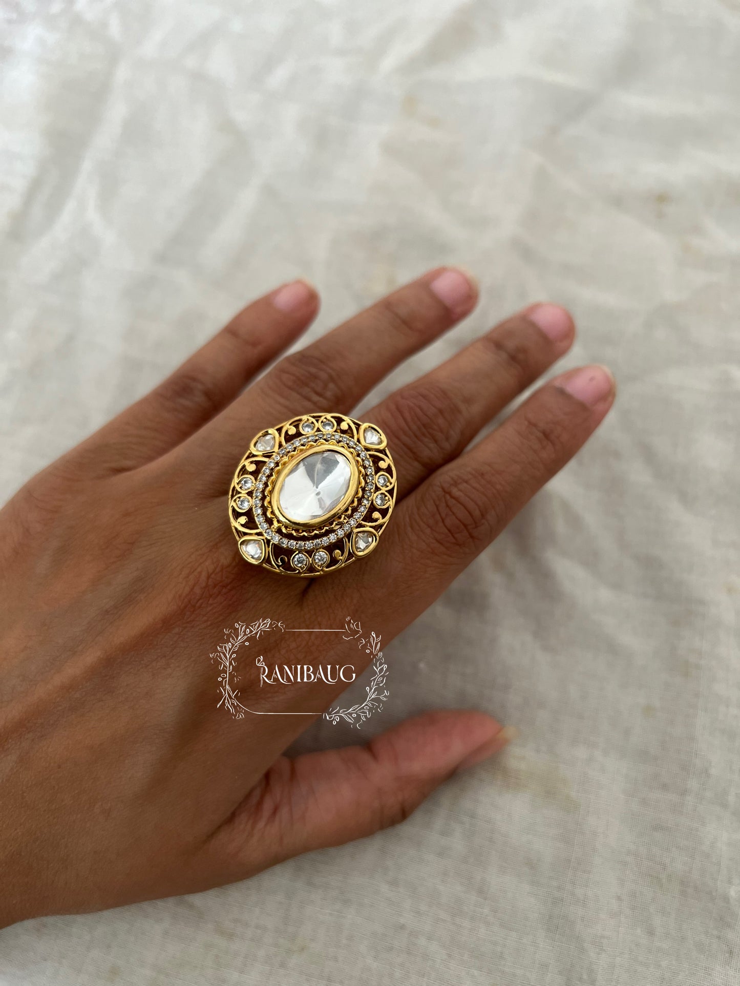 Sheetal Polki Kundan Motif Rich Gold Finish Royal Designer Ring For Weddings By Ranibaug