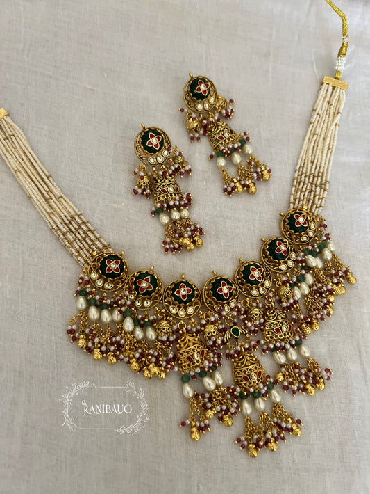 Shehnaaz Floral Motif Paachi Kundan Fine Gold Finish Pearl And Bead Fringe Dangler Highlight Heritage Necklace Set By Ranibaug