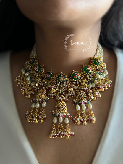 Shehnaaz Floral Motif Paachi Kundan Fine Gold Finish Pearl And Bead Fringe Dangler Highlight Heritage Necklace Set By Ranibaug