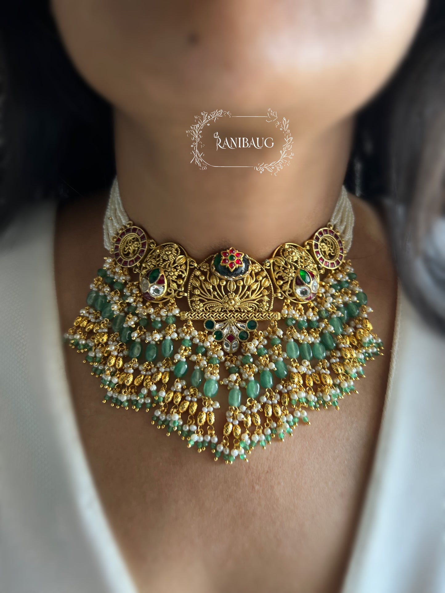 Shital Gold Bead Fringe Pearl Adorned Royal Intricate Designer Heritage Jewellery Set By Ranibaug