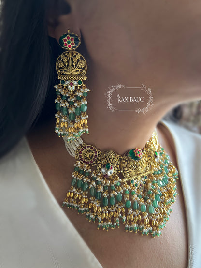 Shital Gold Bead Fringe Pearl Adorned Royal Intricate Designer Heritage Jewellery Set By Ranibaug