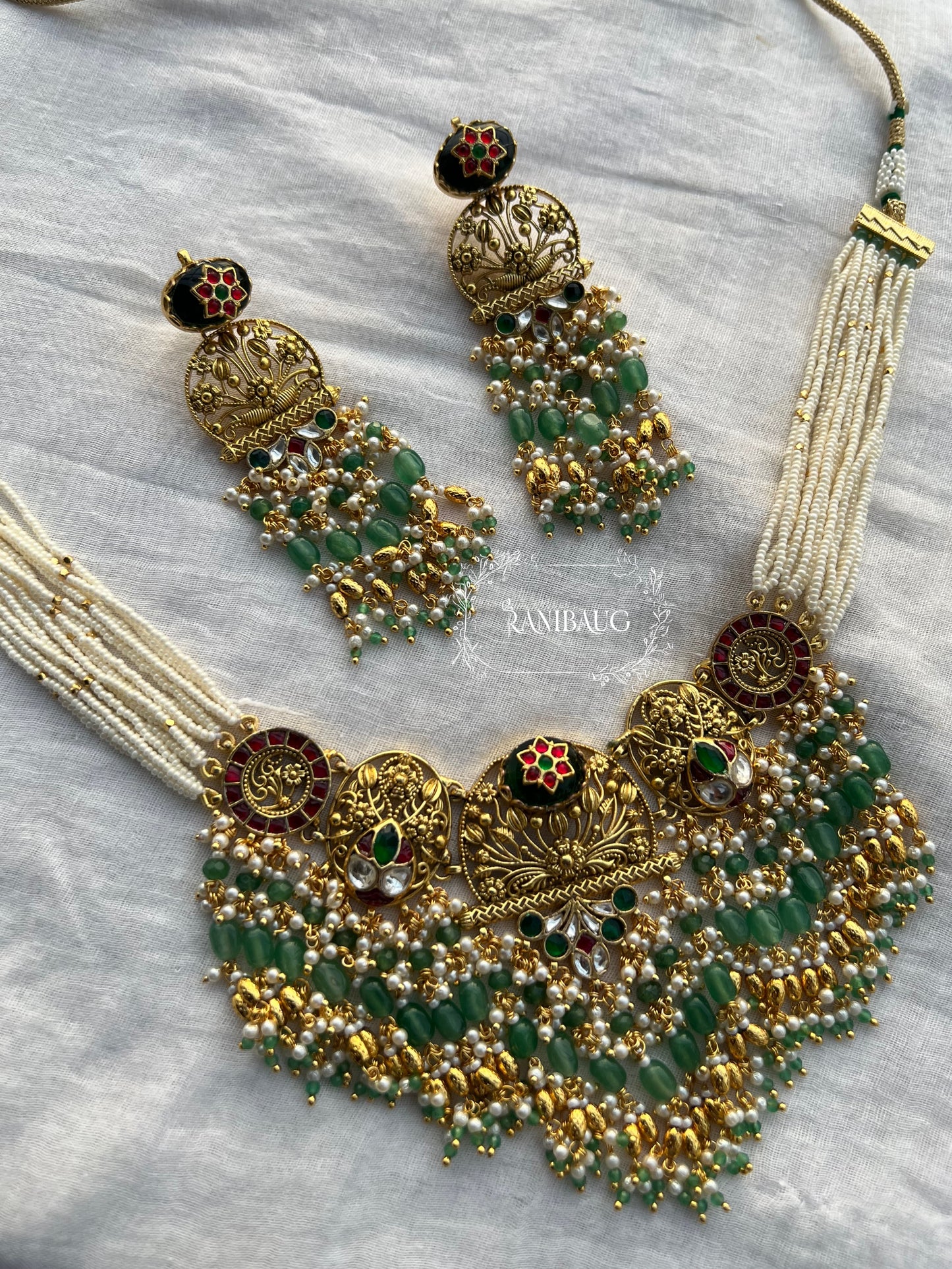 Shital Gold Bead Fringe Pearl Adorned Royal Intricate Designer Heritage Jewellery Set By Ranibaug