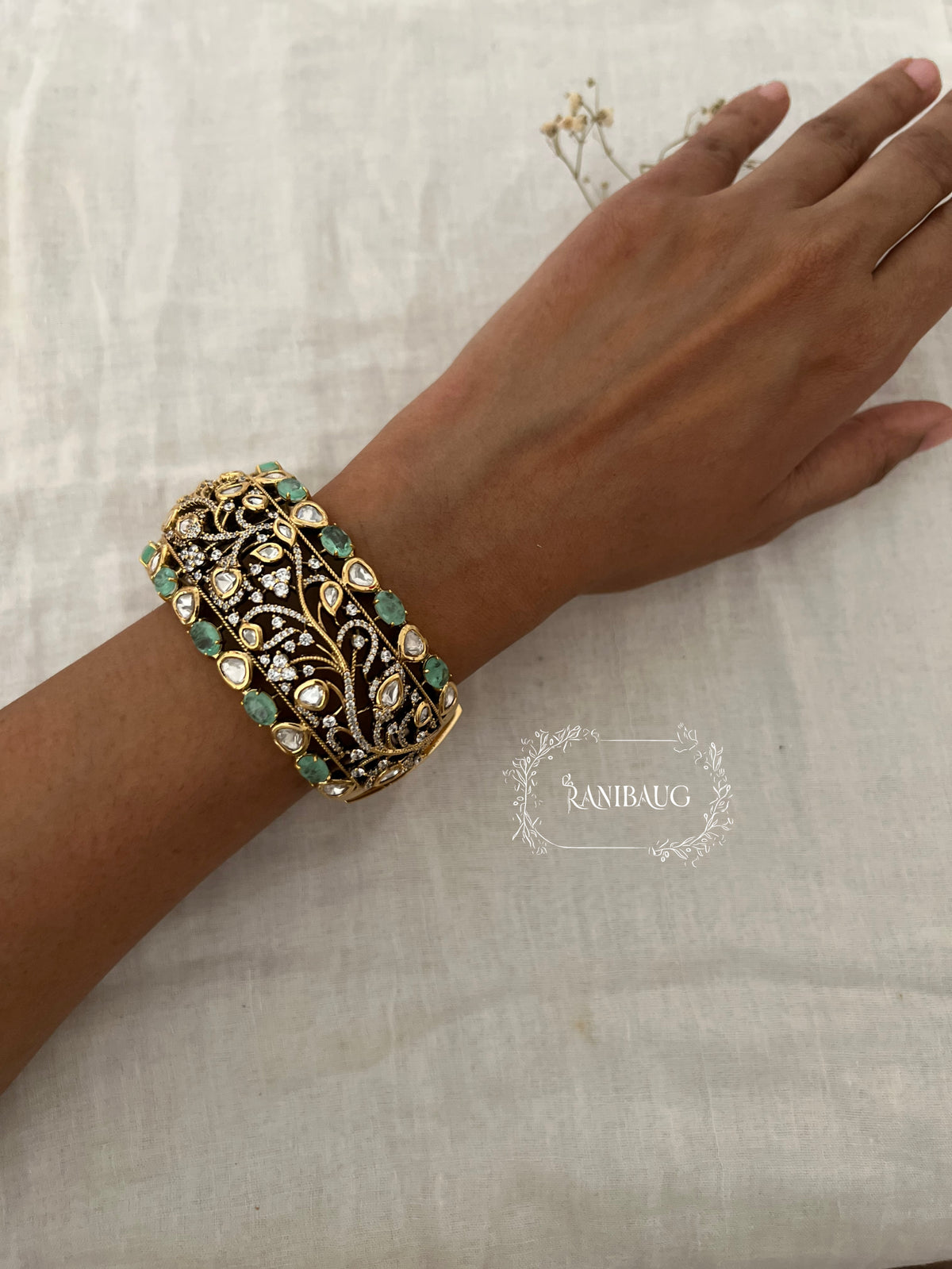 Shivalika Leaf Gold Vines Polki Cluster Royal Bracelet Festive Accessory For Wrist By Ranibaug