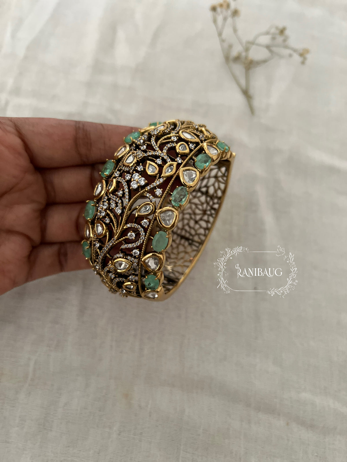 Shivalika Leaf Gold Vines Polki Cluster Royal Bracelet Festive Accessory For Wrist By Ranibaug