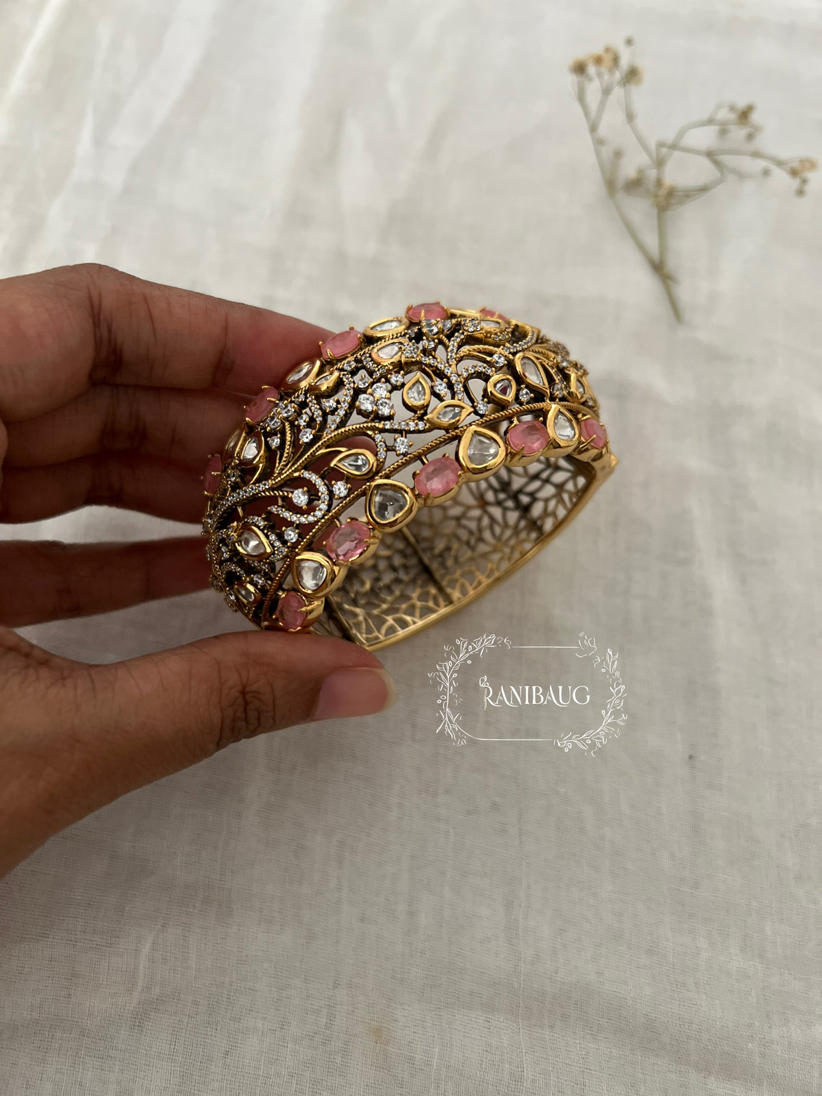 Shivalika Leaf Gold Vines Polki Cluster Royal Bracelet Festive Accessory For Wrist By Ranibaug