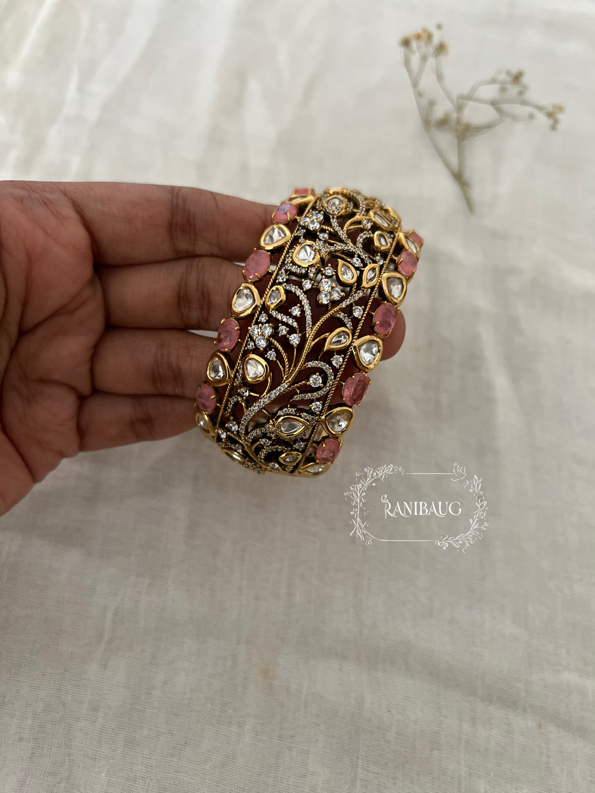 Shivalika Leaf Gold Vines Polki Cluster Royal Bracelet Festive Accessory For Wrist By Ranibaug