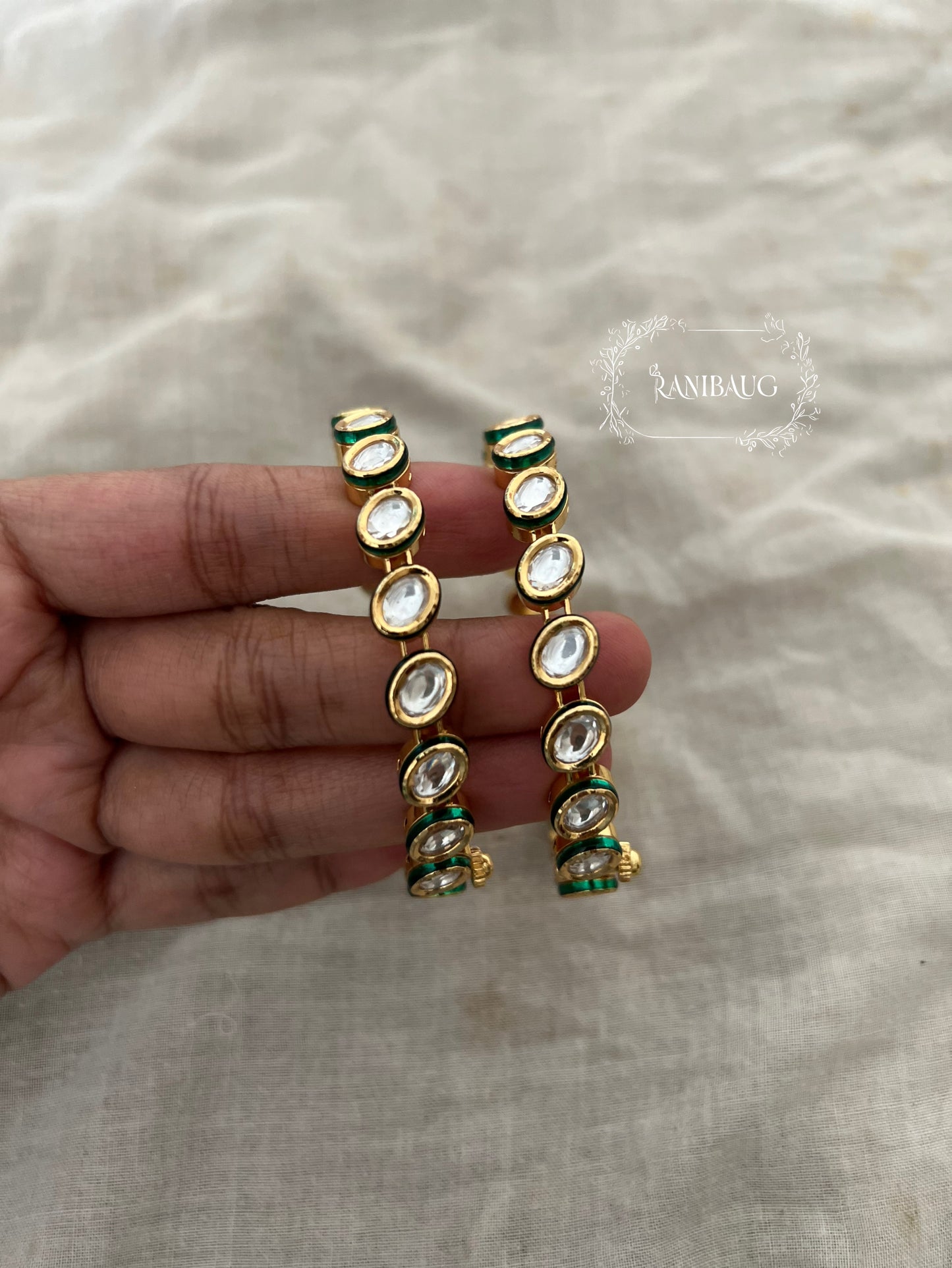 Shivana Polki Structured Classic Gold Finish Green Detailing Bangle Jewelry By Ranibaug