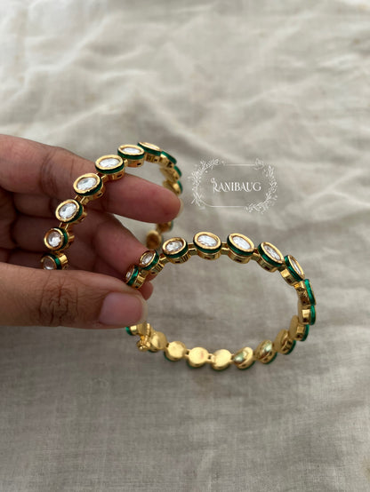 Shivana Polki Structured Classic Gold Finish Green Detailing Bangle Jewelry By Ranibaug