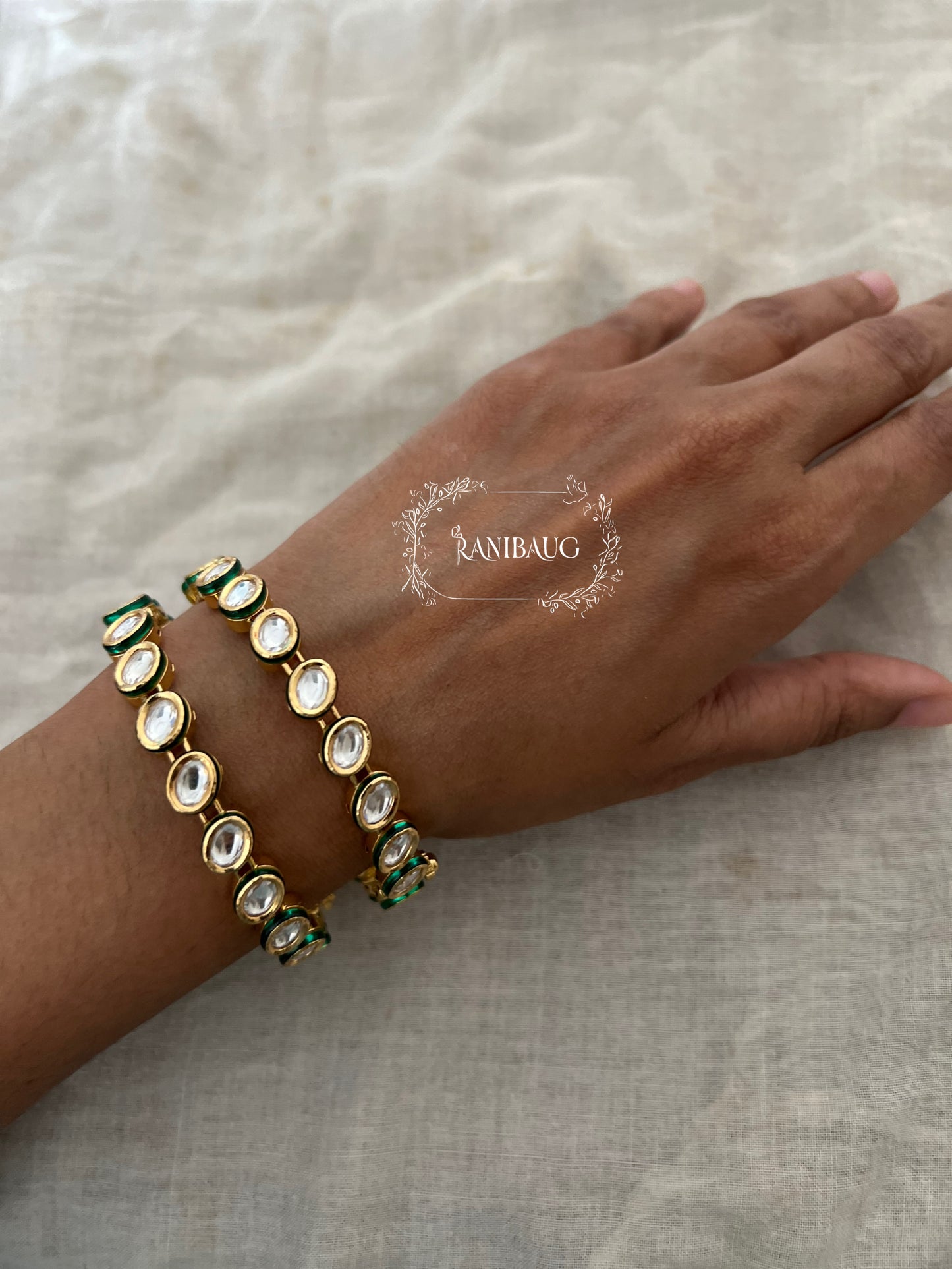 Shivana Polki Structured Classic Gold Finish Green Detailing Bangle Jewelry By Ranibaug
