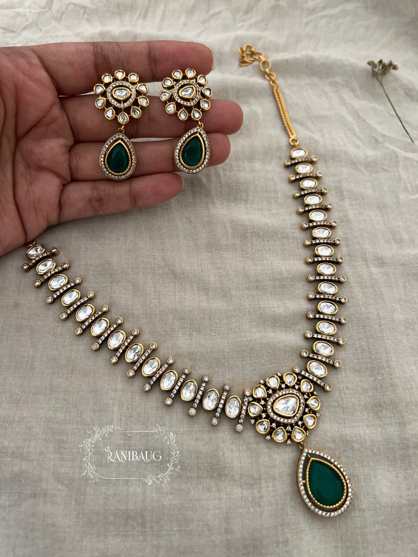 Shivi Mossainite Necklace Set By Ranibaug | Rich Teardrop Motif | Wedding Jewellery 2026