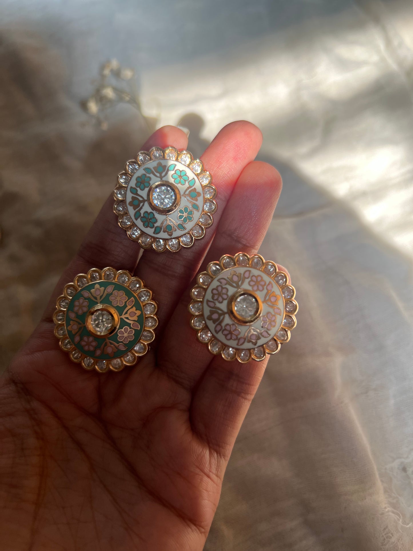 Shivika Floral Meenakari Enamel Rings Adorned With Polki Kundan By Ranibaug