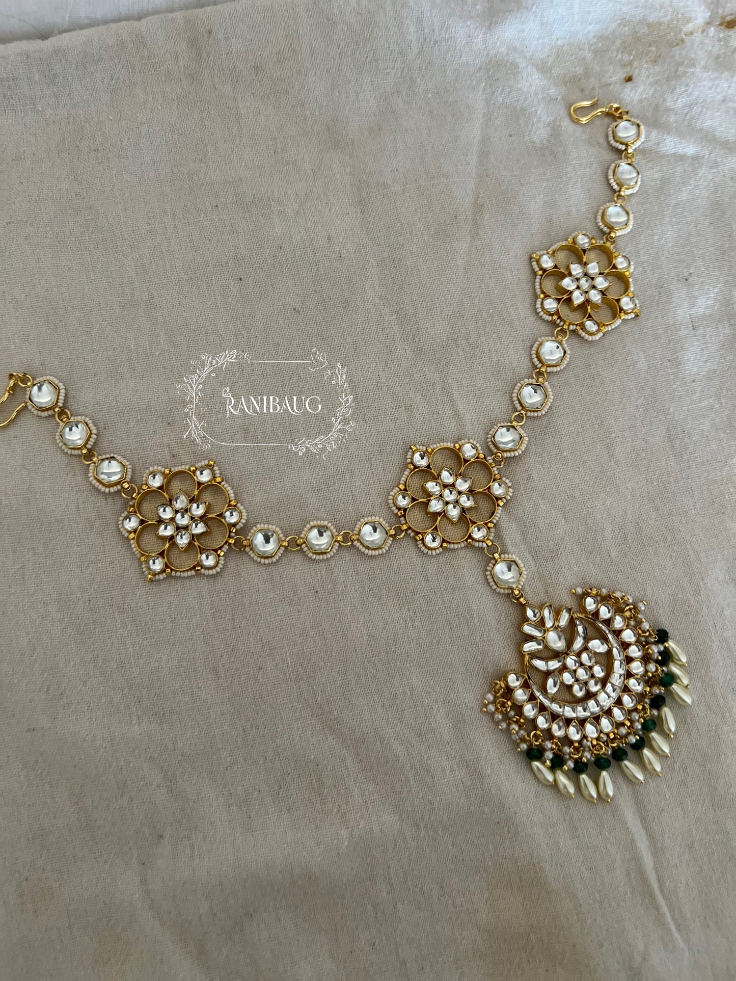 Shivika Paachi Kundan Antique Gold Tone Floral Motif Pearl And Bead Fringe Royal Sheeshphool Hair Jewelry By Ranibaug