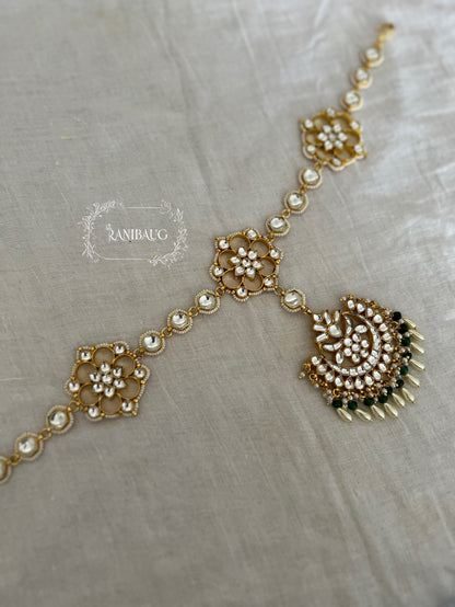 Shivika Paachi Kundan Antique Gold Tone Floral Motif Pearl And Bead Fringe Royal Sheeshphool Hair Jewelry By Ranibaug