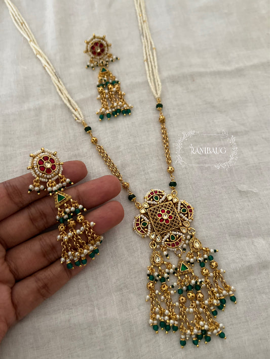 Shobhika Long Gold Finish Beaded Heritage Necklace Set By Ranibaug