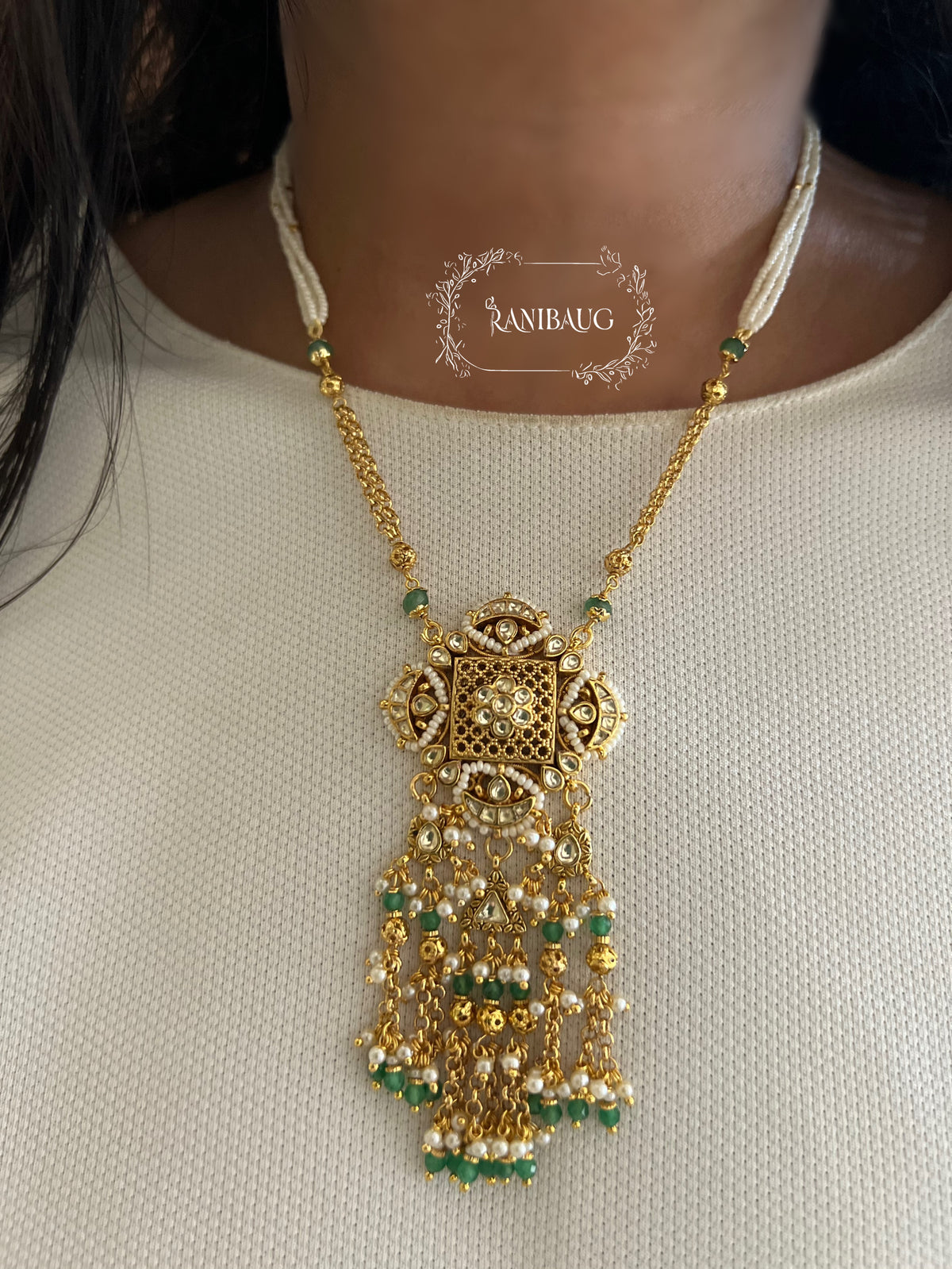 Shobhika Long Gold Finish Beaded Heritage Necklace Set By Ranibaug