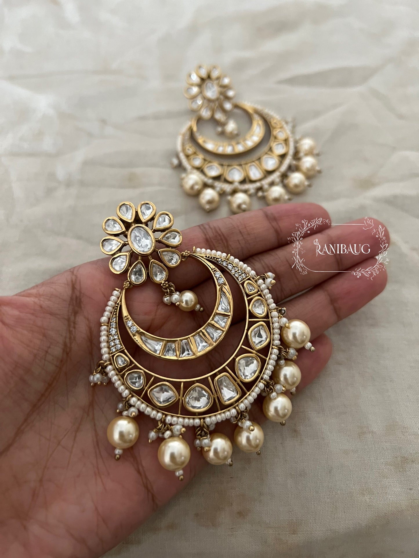 Shravani Floral Polki Gold Finish Pearl Adorned Chandbali By Ranibaug