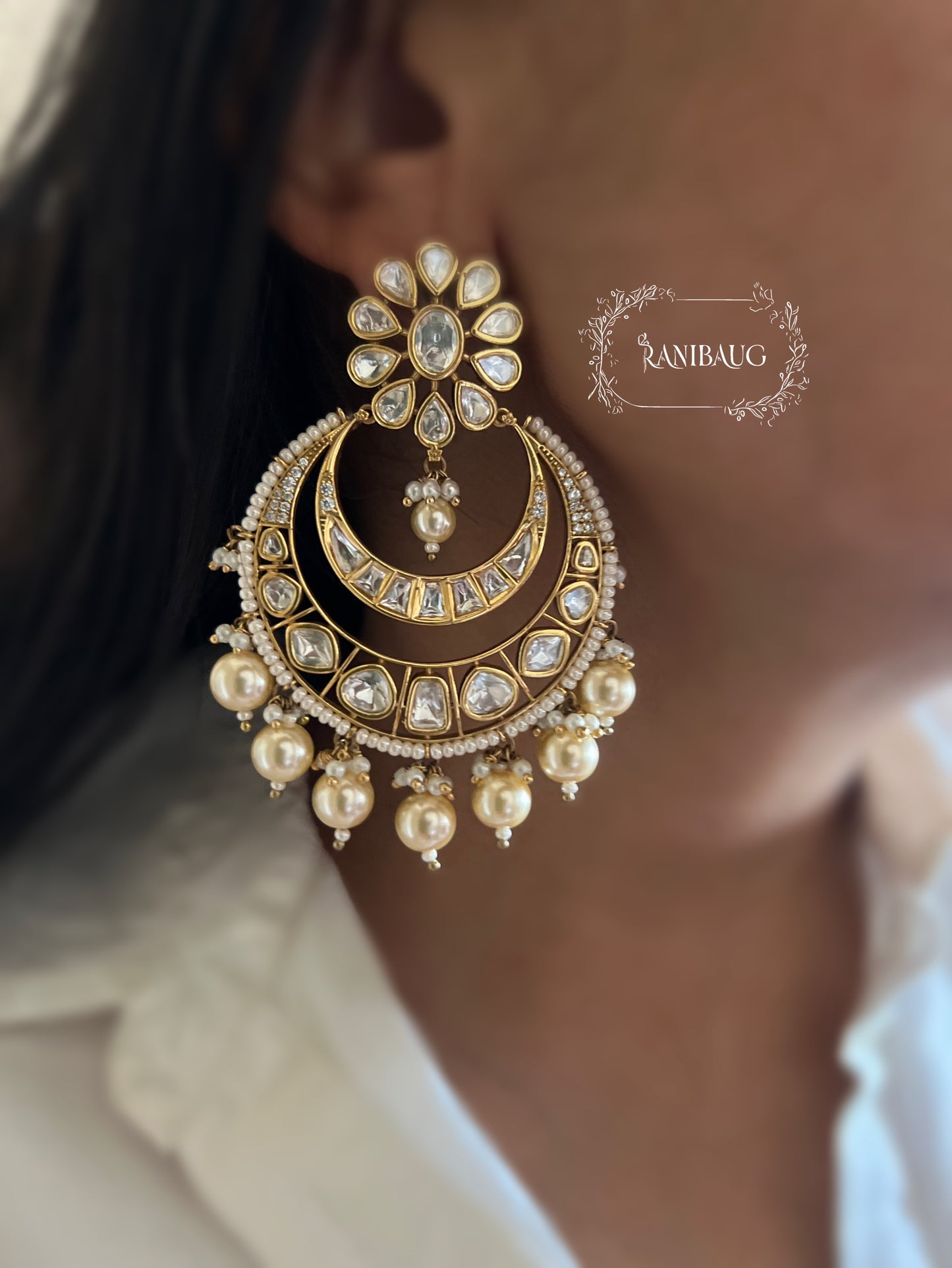 Shravani Floral Polki Gold Finish Pearl Adorned Chandbali By Ranibaug