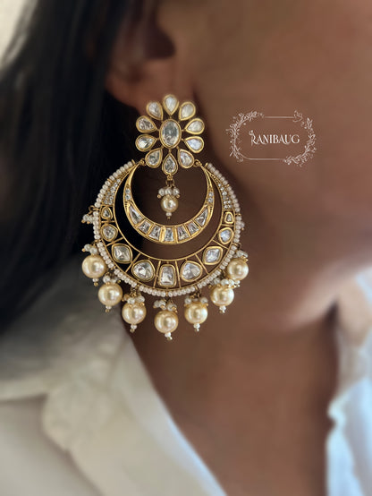 Shravani Floral Polki Gold Finish Pearl Adorned Chandbali By Ranibaug
