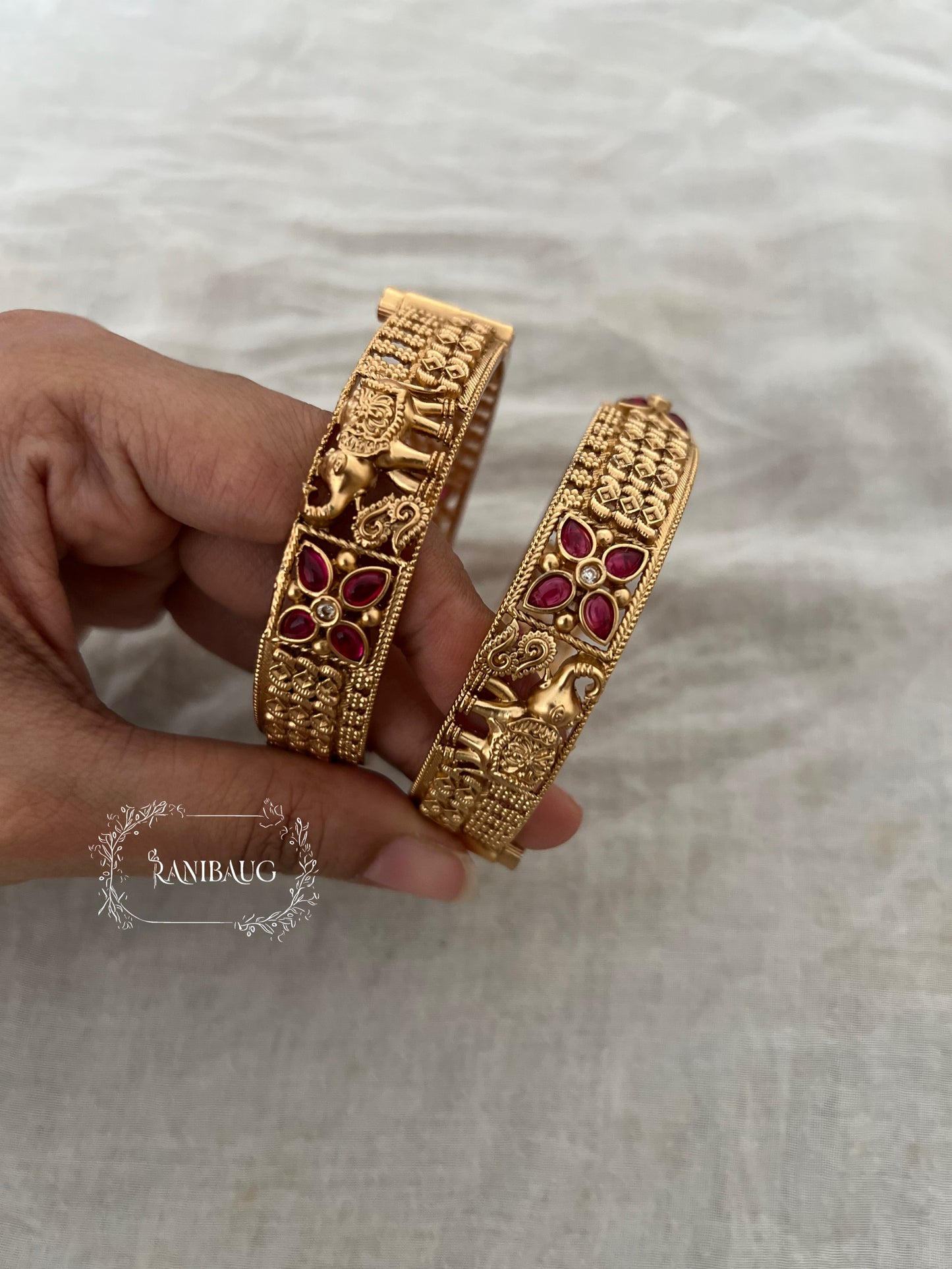 Shree Elephant Design Thin Premium Gold Finish Bangle By Ranibaug