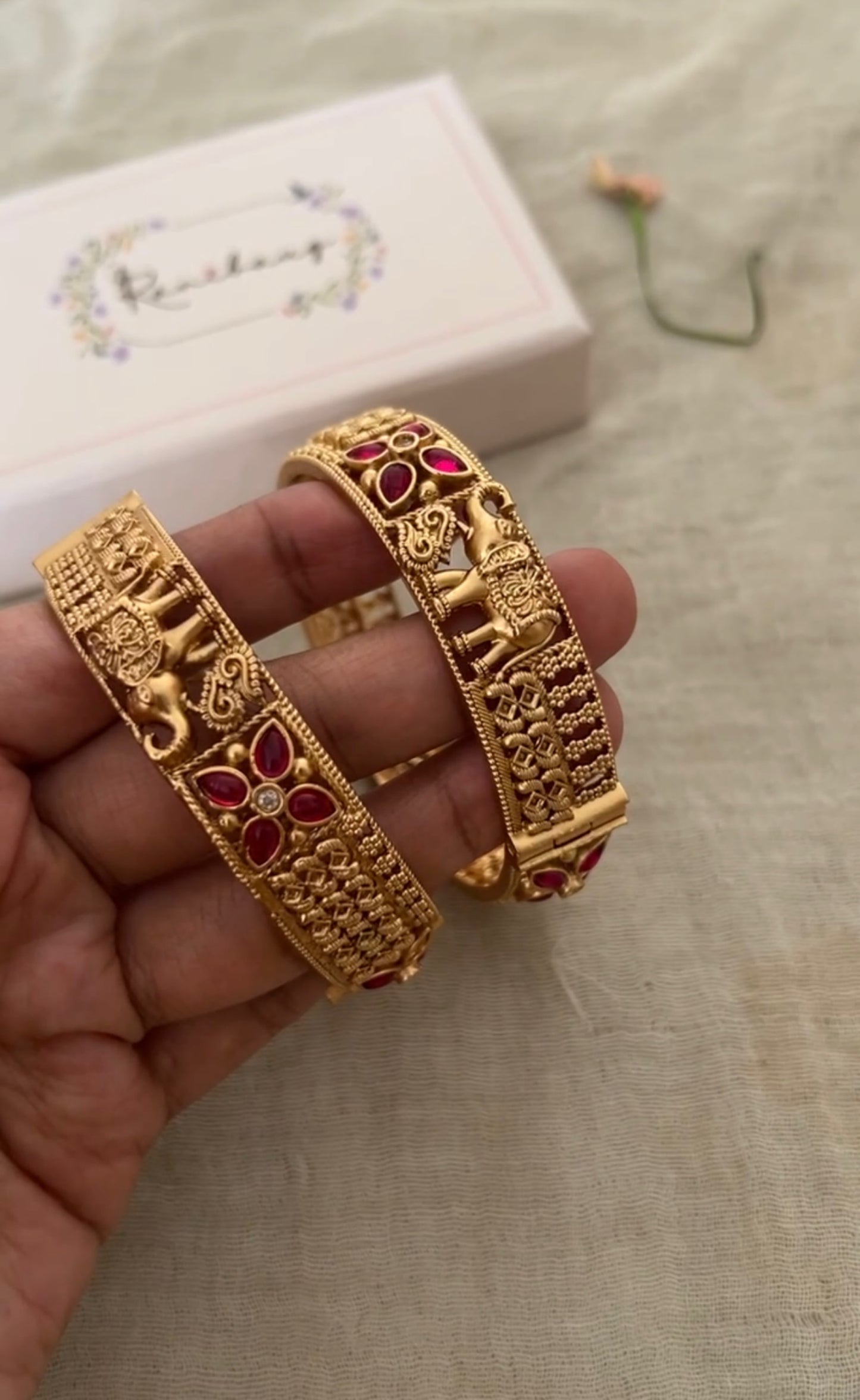 Shree Elephant Design Thin Premium Gold Finish Bangle By Ranibaug